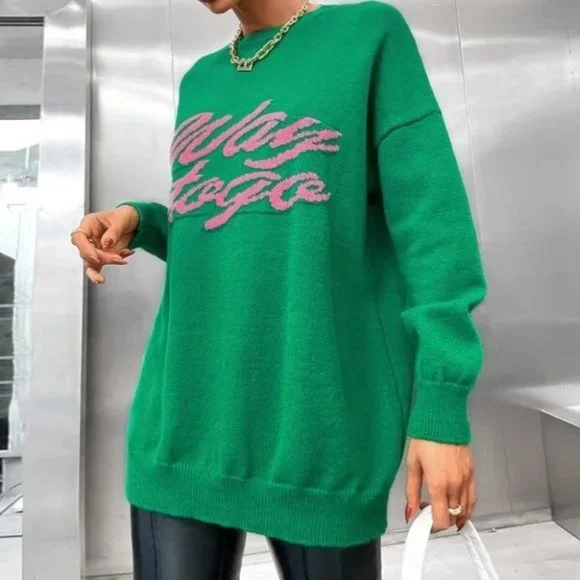 WAY TO GO graphic green pink long sleeve knit sweater top - Picture 7 of 10